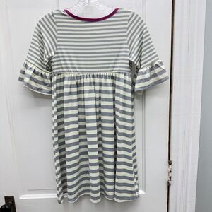 Millie Loves Lily Grey Cream Striped Dress Purple Trim Bell Sleeve Girls 12